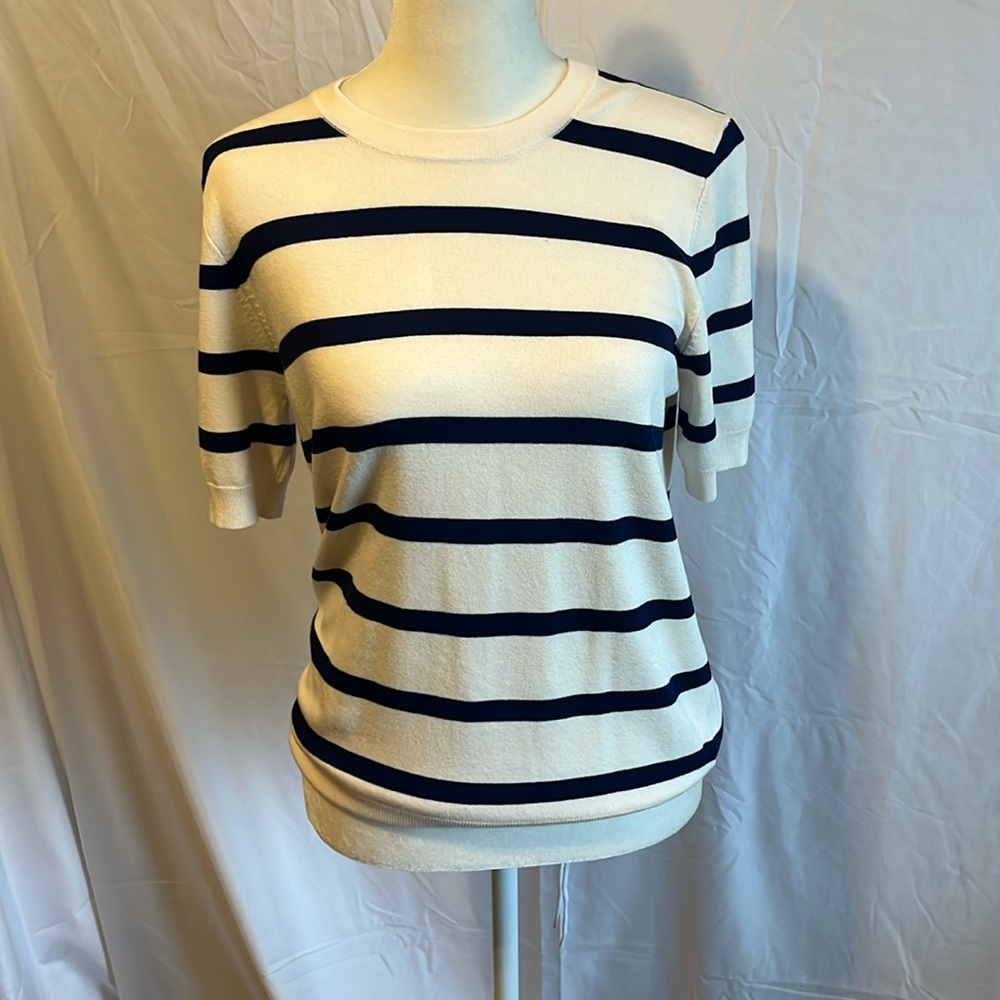 Short sleeve navy and cream striped sweater